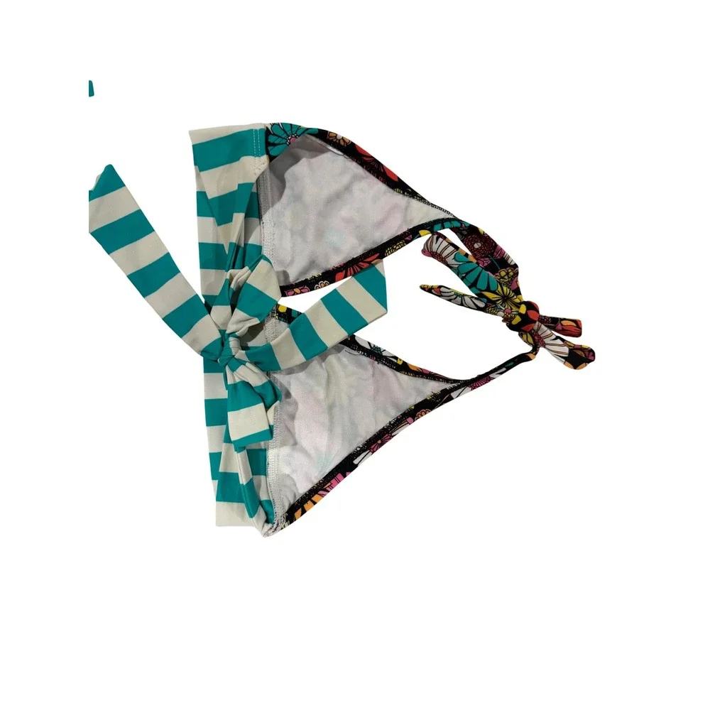 Roxy Girls Floral Striped Halter Bikini‎ Two Piece Swimsuit Teal Multicolor